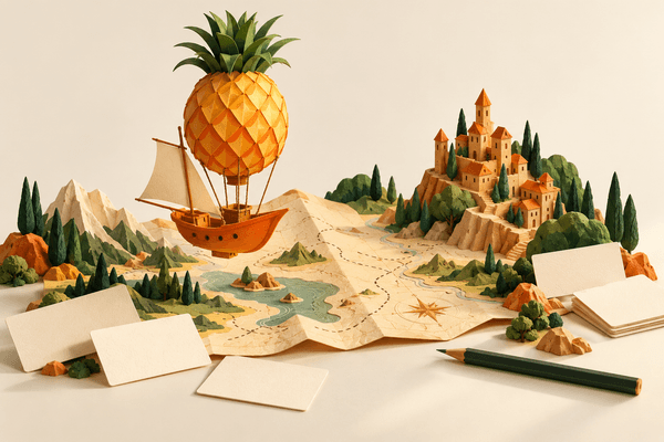 A paper-crafted world with a flying courier boat, a castle, and winding paths.